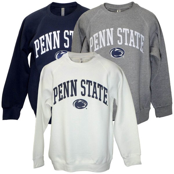 navy, heather oxford, and white crew sweatshirts with arched Penn State above Athletic logo
